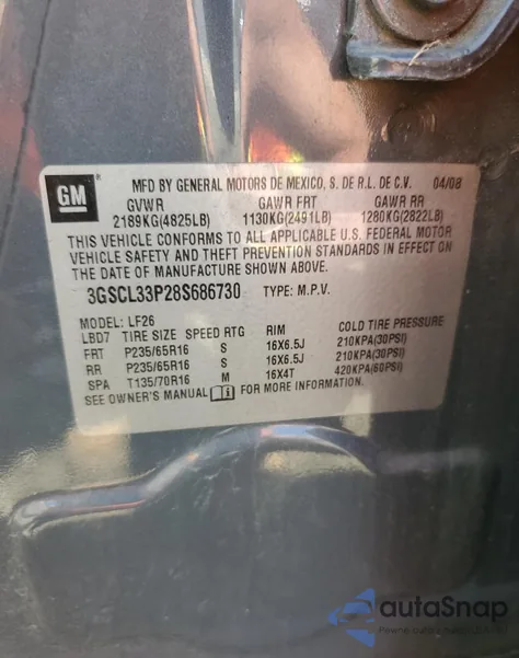 2008 Saturn Vue Xe z USA, uszkodzony, nr VIN 3GSCL33P28S686730